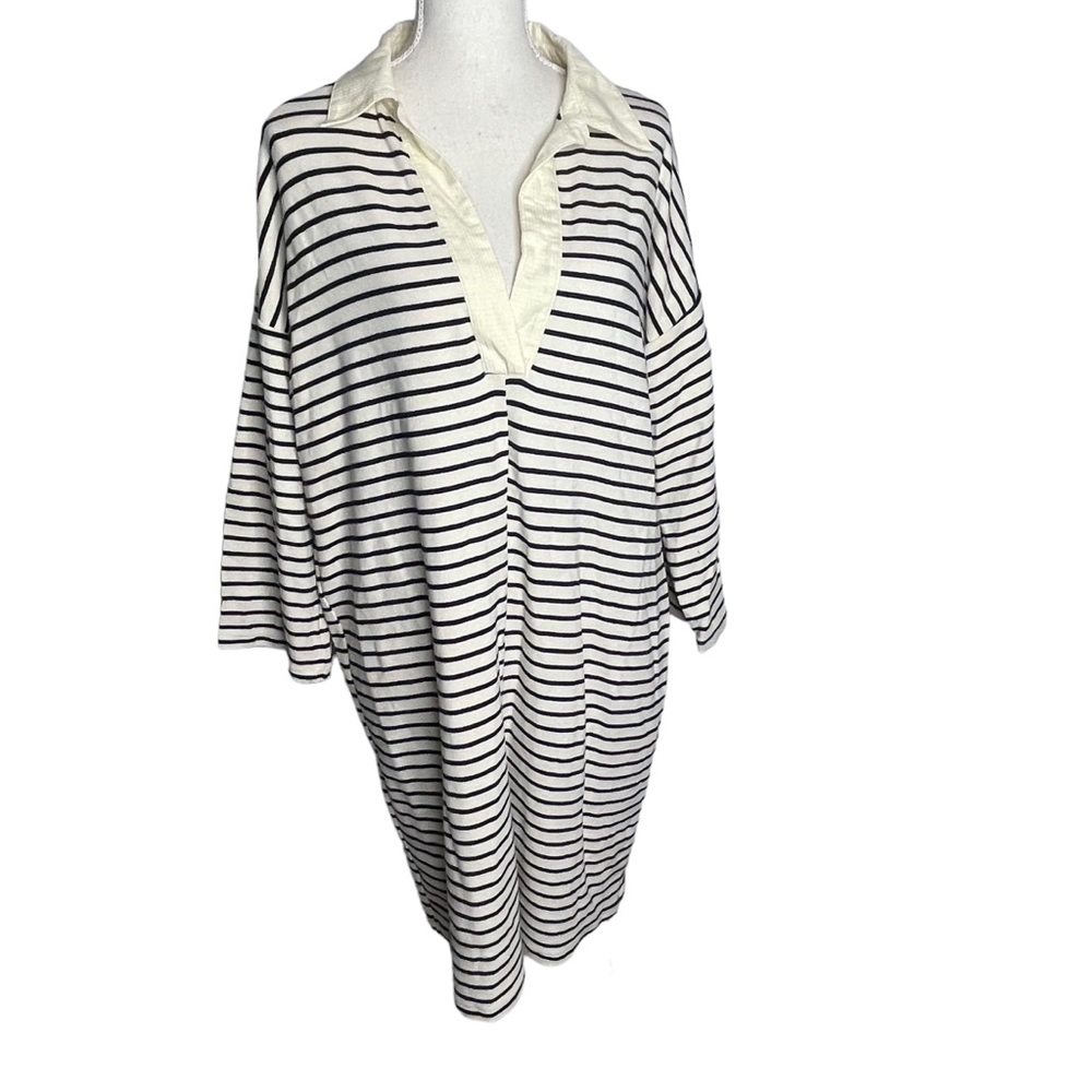 Tuckernuck Ashton Knit Polo Shirt Dress Womens XL Striped Cream Blue V-neck